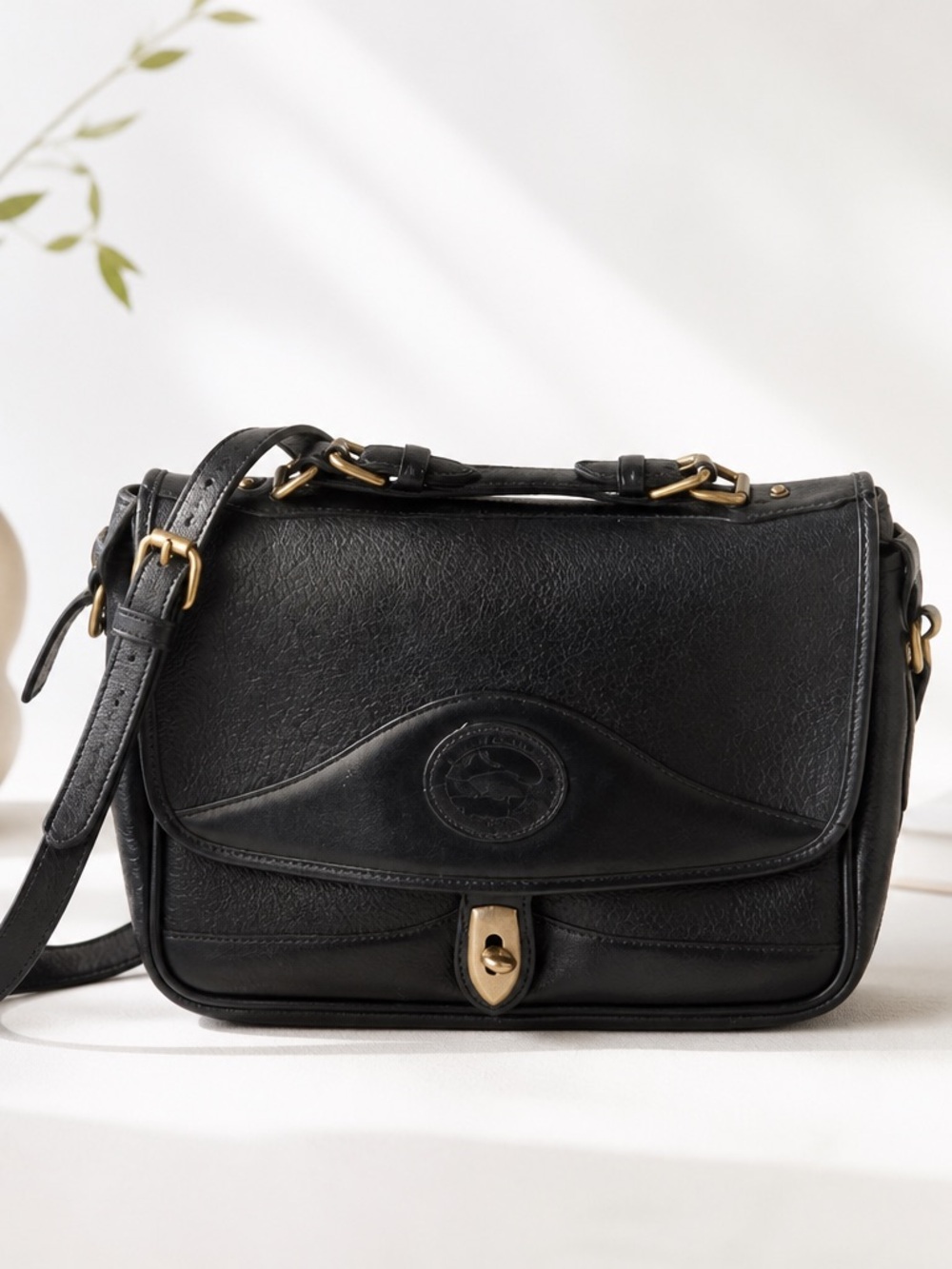 Vintage Dooney & Bourke Black Leather Crossbody Bag with Gold Hardware
